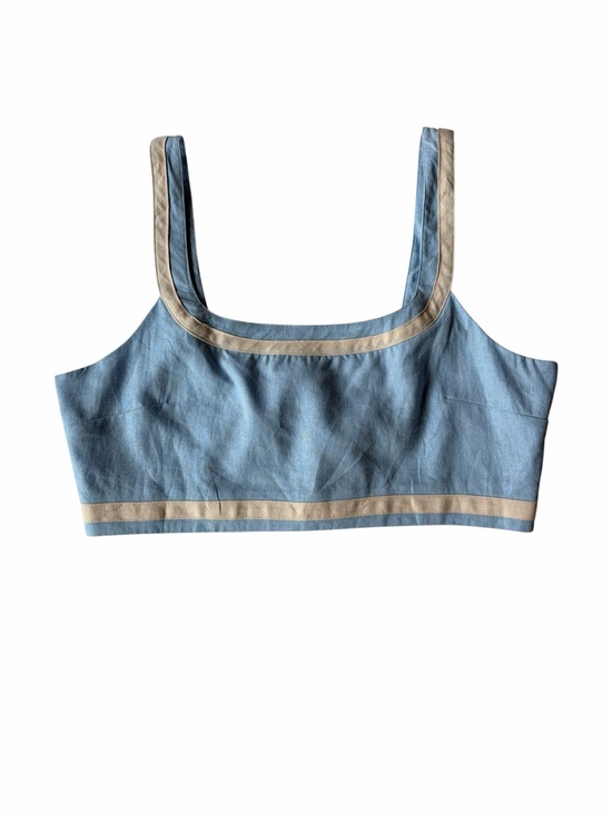 Avec Les Filles Tops - Avec Les Filles Ice Blue Linen Blend Contrast Trim Square Neck Crop Tank XL